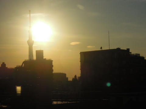 スカイツリーと夕陽をニコンP300で撮影（成田エクスプレスから）